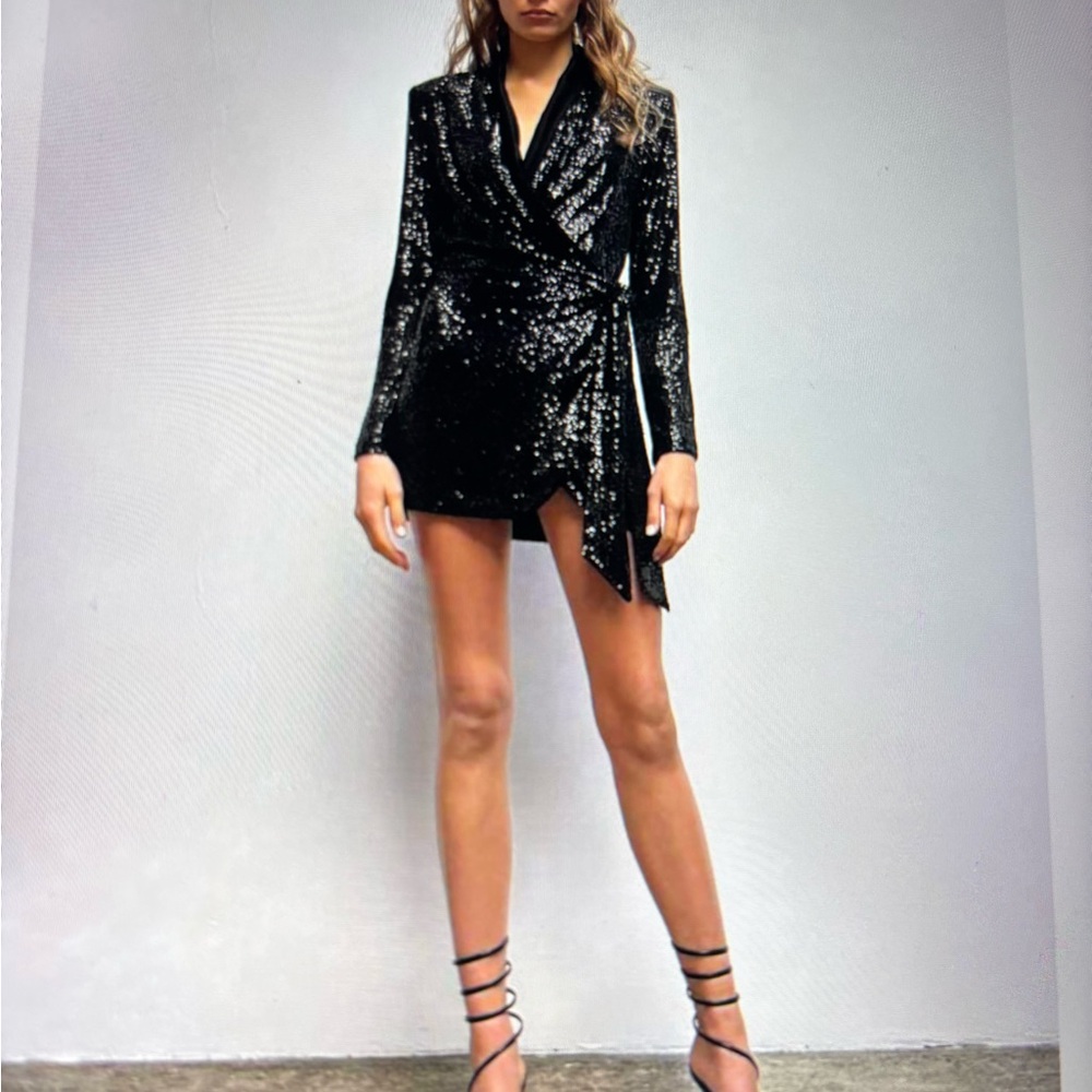 Zara Black Sequin Mini Wrap Long Sleeve Dress